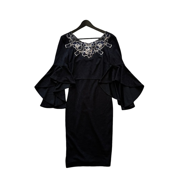 VfEmage Little Black Floral Applique Ruffle Sleeve Cocktail Dress Small - Picture 7 of 10